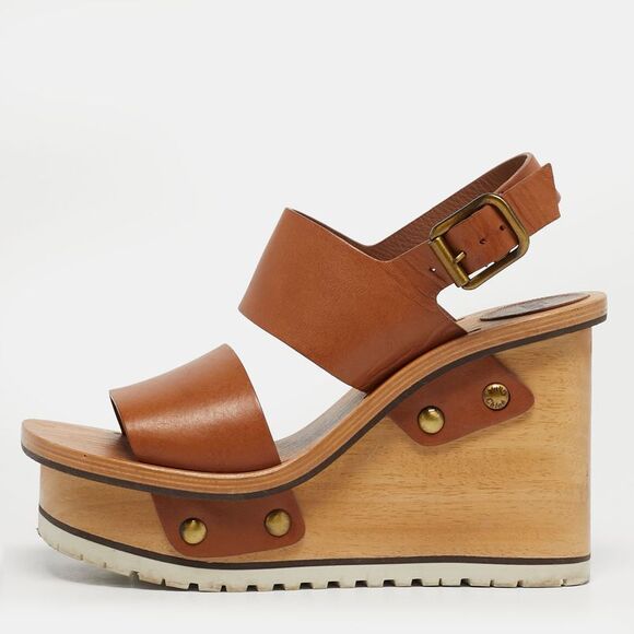 Chloe Shoes - Chloe Size 37 Brown Leather Ankle Strap Wedge Sandals
